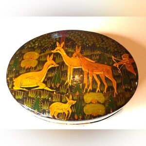 Vintage Kashmiri Trinket Box,Paper Hand Painted,Woodland Decorated,Circa 1980s